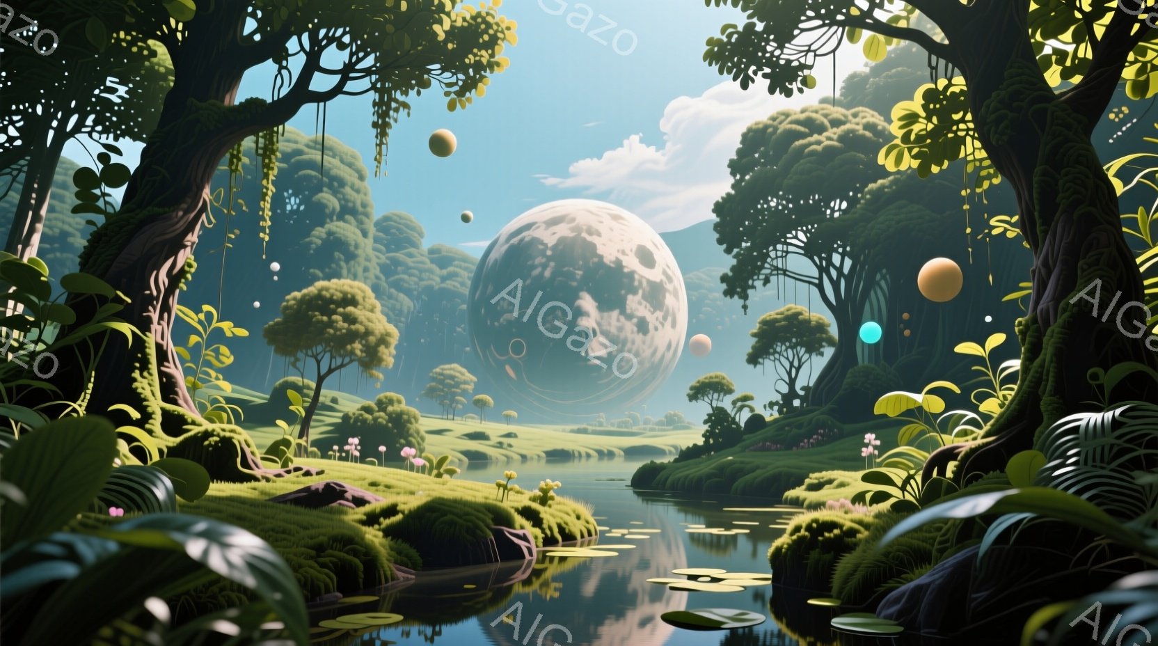 鬱蒼とした緑の森の中に、穏やかな水面が広がる光景です。巨大な月が空に浮かび、周囲には色彩豊かな球体が点在し、幻想的な雰囲気を醸し出しています。水面には睡蓮が咲き、周囲の木々や草木が水面に映り込み、静か - AI生成フリー素材