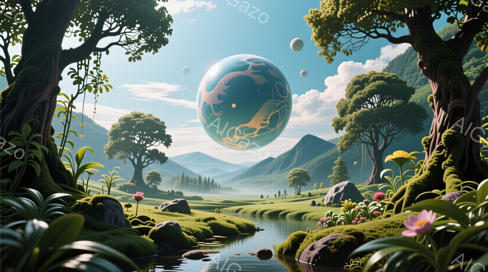 広々とした緑豊かな風景が広がり、穏やかな小川がその中央を流れている。背景には、霞んだ山々が連なり、空には大きな球体と小さな球体が浮かび、幻想的な雰囲気を醸し出している。鮮やかな花々が咲き乱れ、周囲の木々は独特の形状をしており、まるで異世界の風景のようだ。