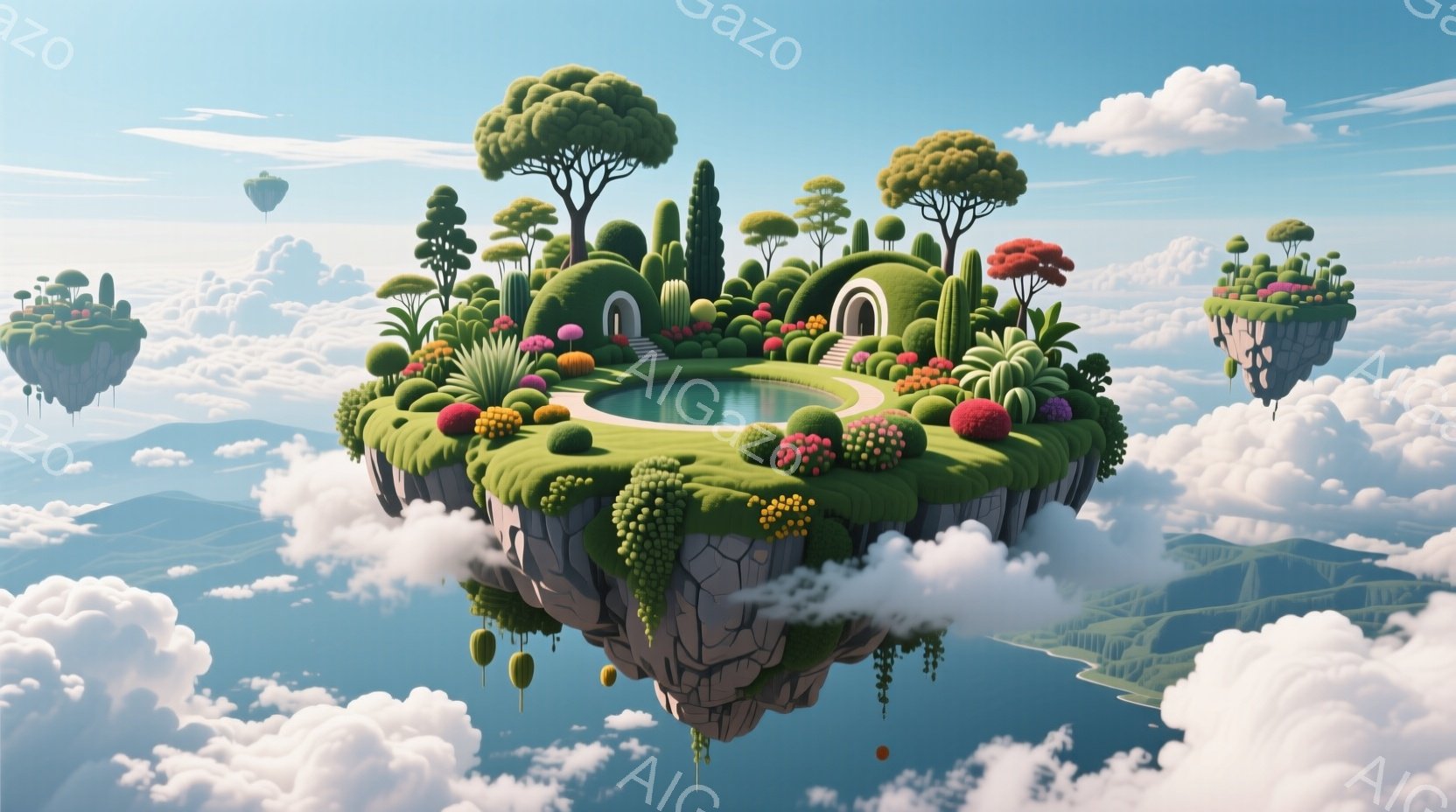 空中に浮かぶ緑豊かな島が印象的な画像です。島には円形の池があり、周囲には色とりどりの花や植物が生い茂り、可愛らしい家が建っています。背景には雲海が広がり、遠くには山脈が見え、まるで夢の中のような幻想的 - AI生成フリー素材