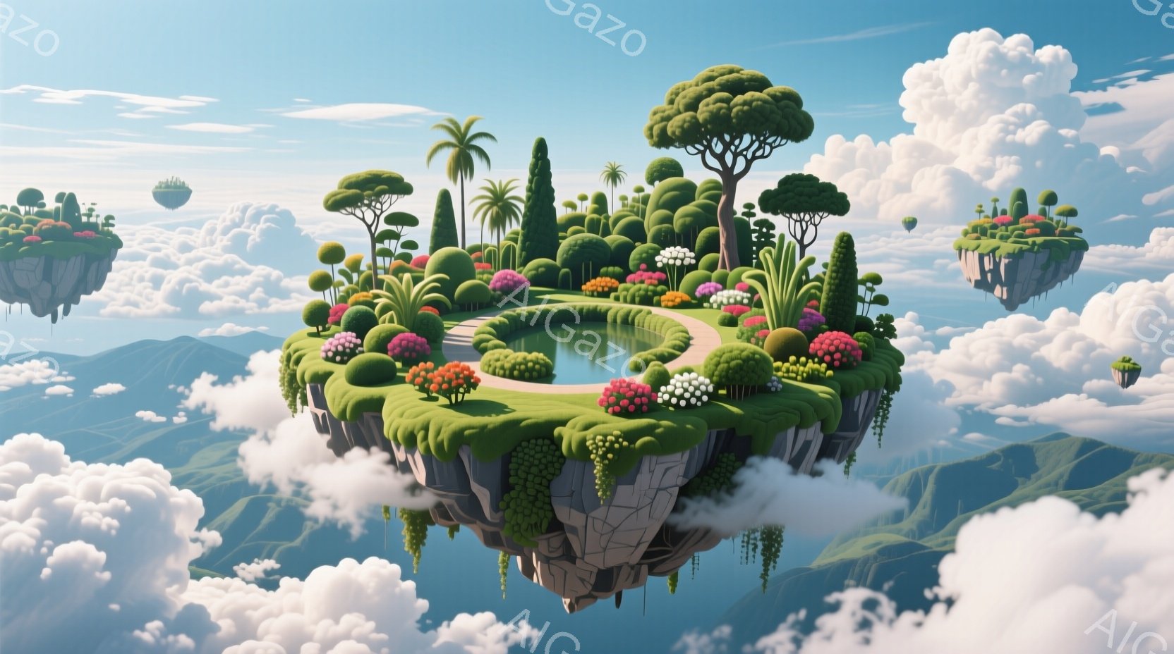 空中に浮かぶ島が描かれており、緑豊かな植生とカラフルな花々が咲き乱れている。島の中心には穏やかな水溜まりがあり、周囲を小道が囲んでいる。遠景には山々が霞んで見え、他の浮遊島や気球が点在する、幻想的で平 - AI生成フリー素材