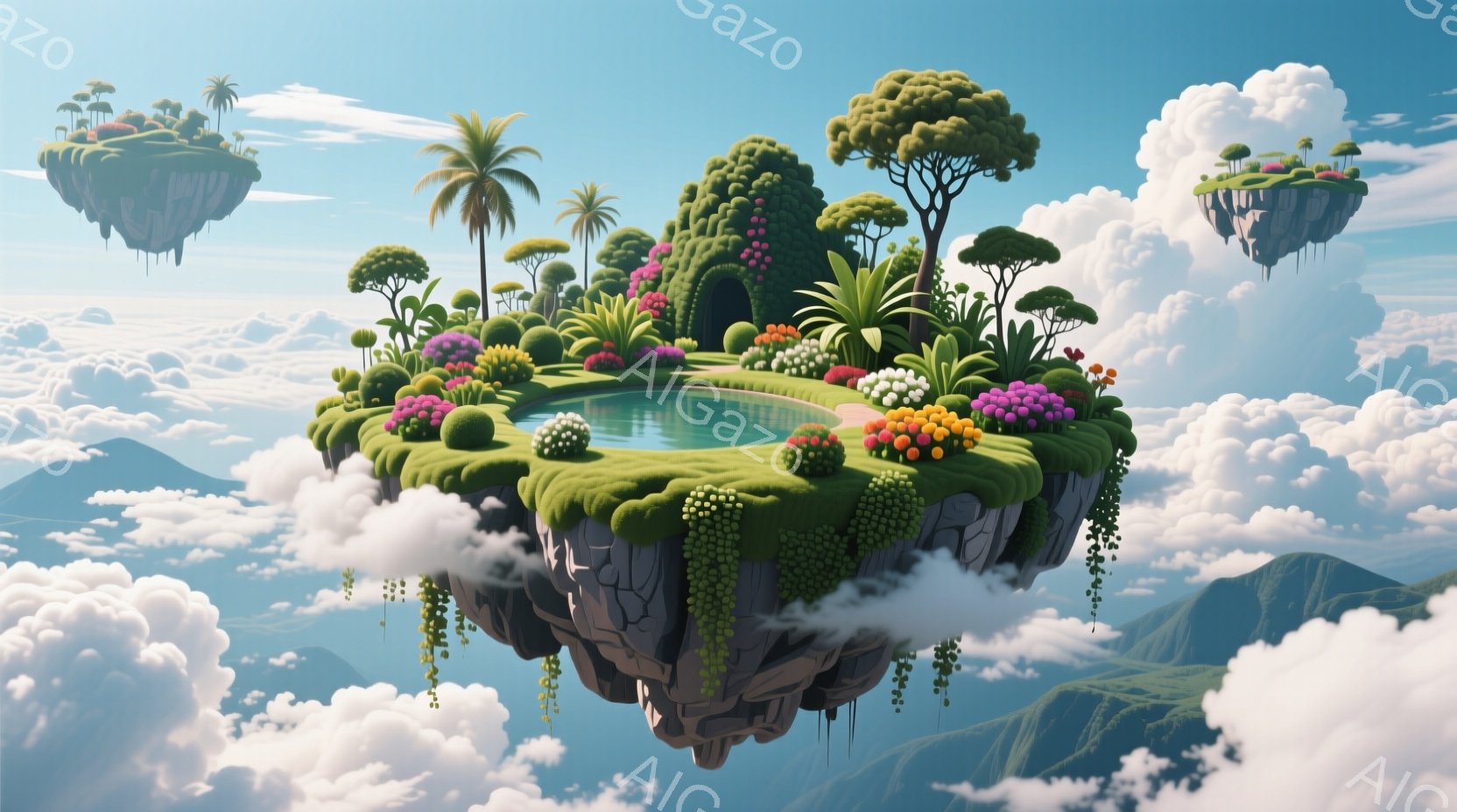 空中に浮かぶ島が印象的な光景です。緑豊かな草地、色とりどりの花々、そしてヤシの木が生い茂り、中央には澄んだ水溜まりがあります。周囲は雲に包まれ、遠くには山々がうっすらと見え、幻想的で平和な雰囲気が漂っています。