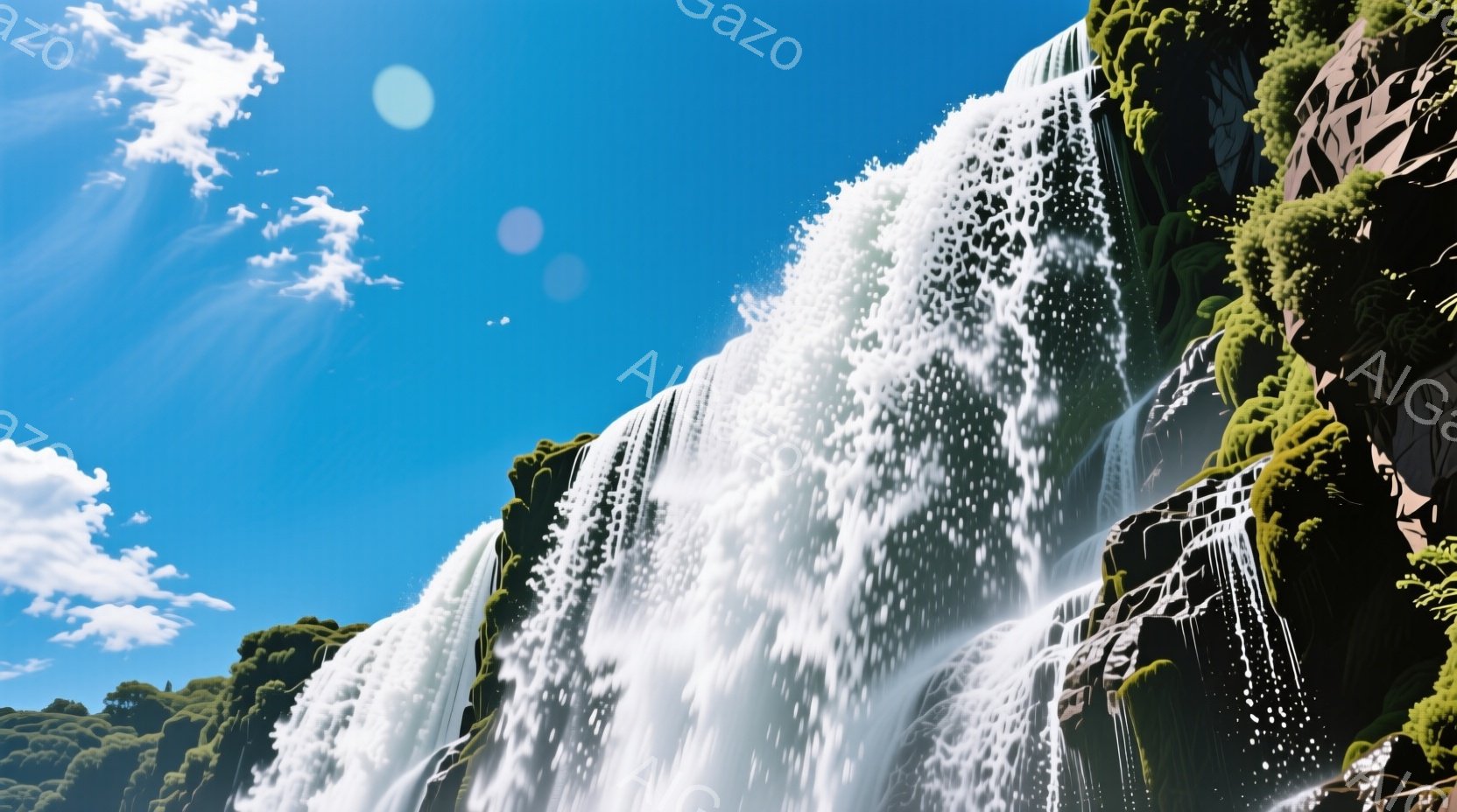 鮮やかな青空の下、緑豊かな岩肌を流れ落ちる滝が印象的な光景です。水しぶきが太陽光を受けてキラキラと輝き、力強くも美しい自然の姿を捉えています。背景には、より深い緑の植生が見え、滝の壮大さを際立たせてい - AI生成フリー素材