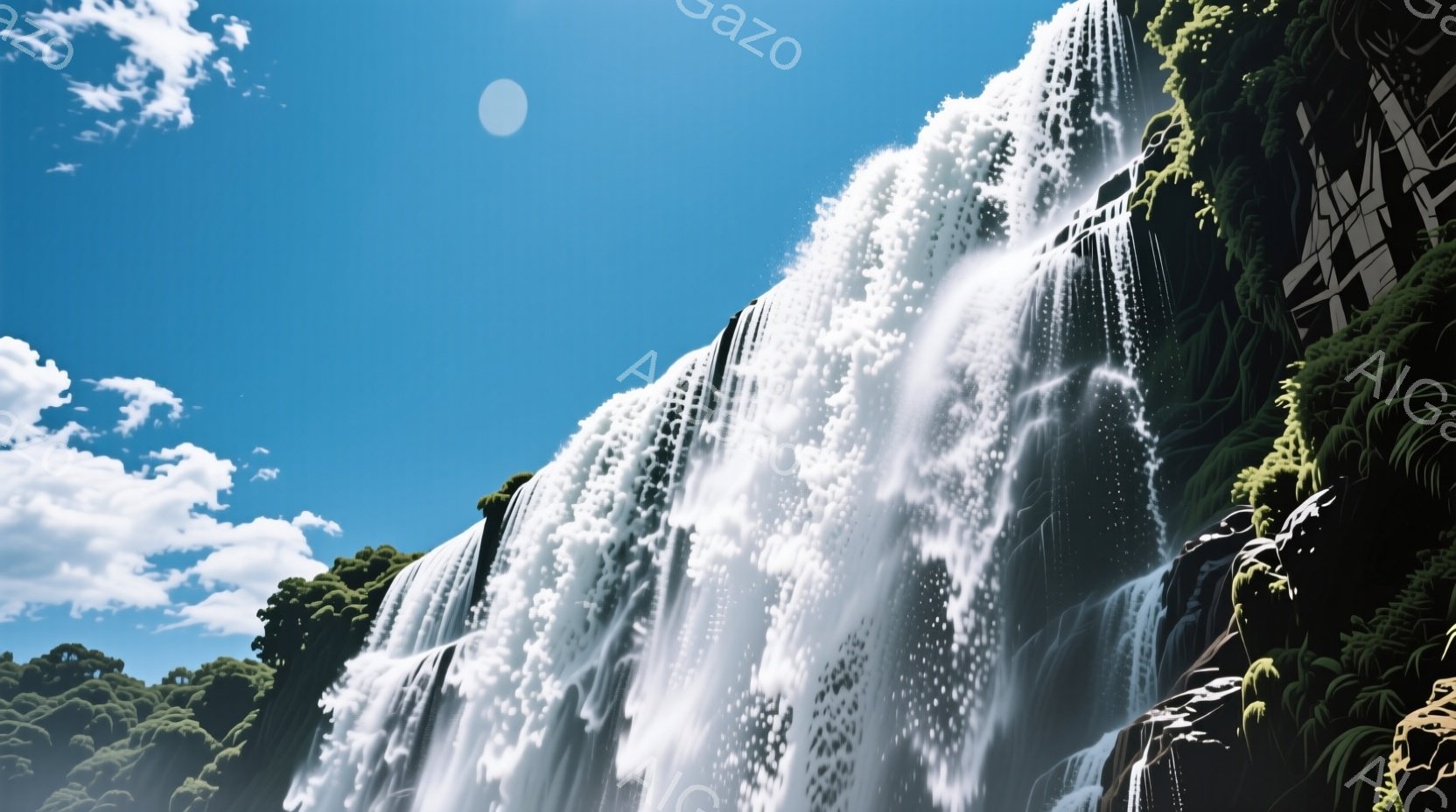巨大な滝が画面を埋め尽くし、力強く白い水が岩肌を流れ落ちている。周囲は緑豊かな植物に覆われ、空は晴れ渡り、青空に白い雲が浮かんでいる。滝の轟音と清々しい自然の息吹を感じさせる、壮大な景色だ。 - AI生成フリー素材