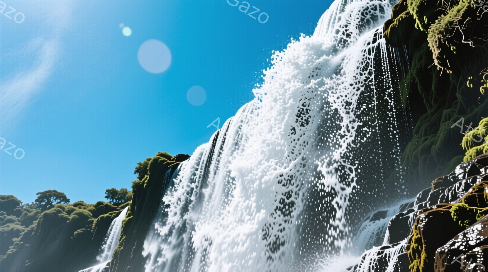 巨大な滝が岩肌を流れ落ち、水しぶきが太陽光に輝いている様子が捉えられています。滝の周囲は緑豊かな植物で覆われ、背景には澄み切った青空が広がっています。全体的に力強く、自然の壮大さを感じさせる光景です。