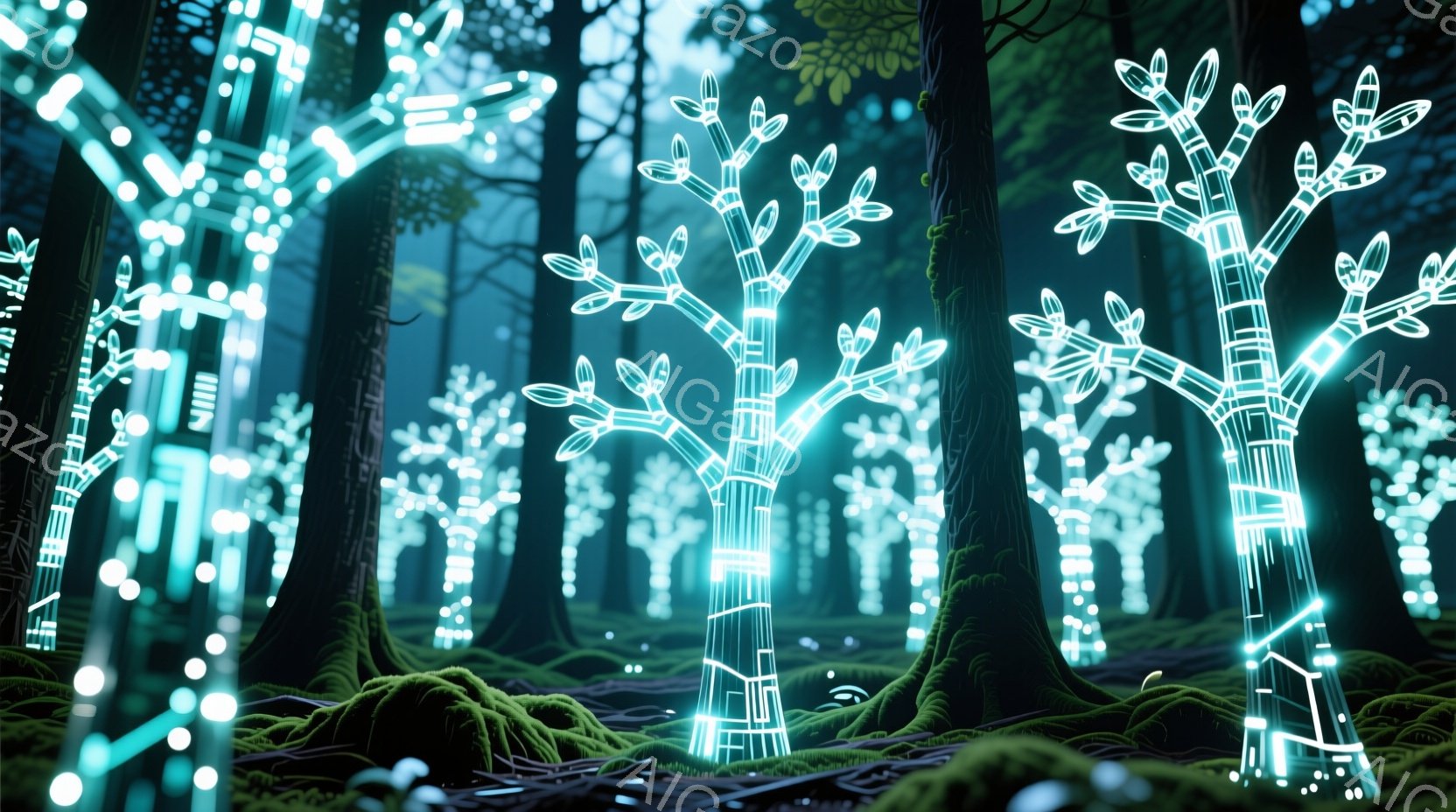 鮮やかなネオンブルーで発光する木のシルエットが、苔むした地面に点在する森の風景が描かれています。木々は線と光で構成され、未来的な印象を与え、背景は暗く、神秘的な雰囲気を醸し出しています。地面には、光るドット状のオブジェクトが散らばり、幻想的な光景を作り出しています。