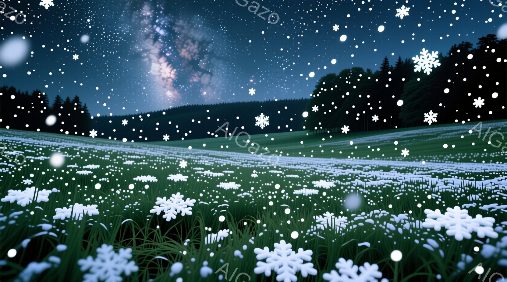 鮮やかな緑の草原が広がり、無数の白い花が咲き乱れている、幻想的な光景である。背景には暗い森が連なり、夜空には銀河が輝き、雪片が舞い散ることで、静寂で神秘的な雰囲気が漂う。自然の美しさが際立つ、穏やかで - AI生成フリー素材