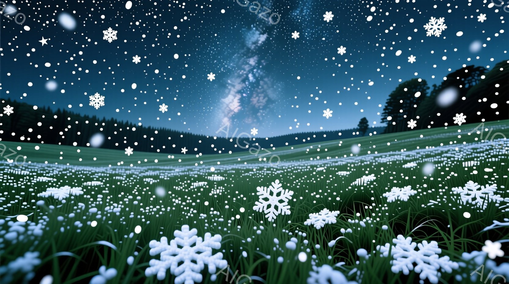 鮮やかな緑の草原が広がり、無数の白い雪の結晶が舞い散っている夜空が広がっています。遠景には暗いシルエットの森林が連なり、銀河が夜空を彩っています。全体的に幻想的で静寂に包まれた、冬の夜の風景です。 - AI生成フリー素材