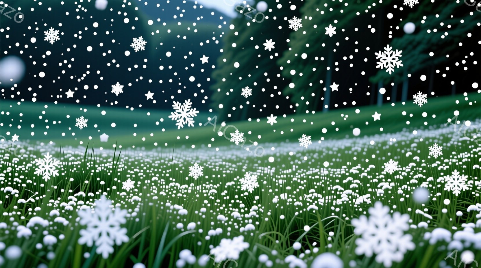 鮮やかな緑色の草地に白い花が咲き乱れ、雪片が舞い散る冬の風景です。背景には濃い緑の針葉樹林が広がり、静かで穏やかな雰囲気を醸し出しています。雪は草地全体に降り積もり、幻想的で平和な冬の情景を描いていま - AI生成フリー素材