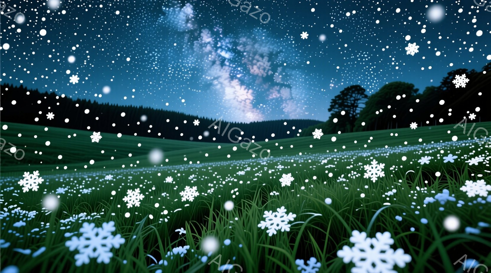 広大な緑の草地に白い花が咲き乱れ、夜空には天の川が煌めいている。遠くには暗い森が広がっており、全体的に静かで幻想的な雰囲気を醸し出している。雪片のようなものが空から舞い降りており、冬の夜空の下の穏やか - AI生成フリー素材