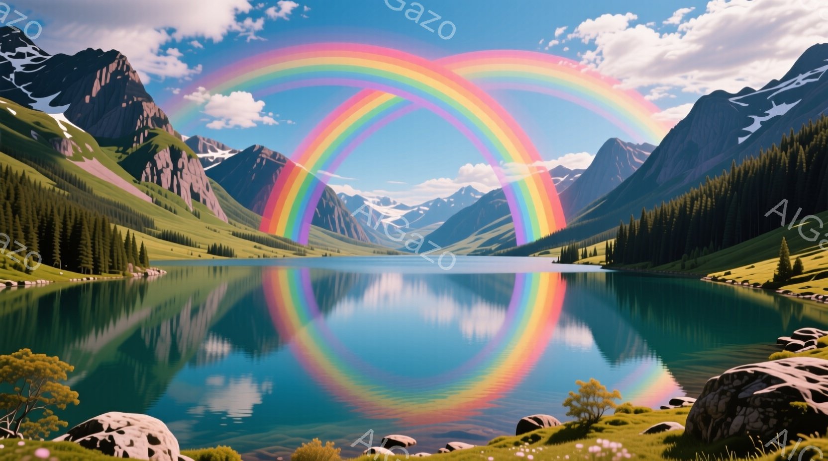 雄大な山々に囲まれた湖に、鮮やかな虹がかかっています。湖面は穏やかで、周囲の緑豊かな風景と虹の色を美しく映し出しています。全体的に穏やかで平和な雰囲気で、自然の壮大さと美しさを感じさせます。