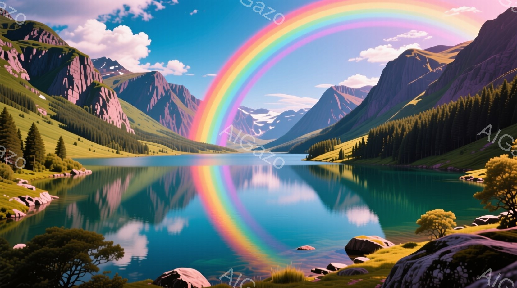 山々に囲まれた湖が、鮮やかな虹に照らされています。湖面は穏やかで、周囲の緑豊かな山々と虹の色彩を映し出し、静寂で平和な雰囲気を醸し出しています。岸辺には岩と木々が点在し、自然の美しさを際立たせています。