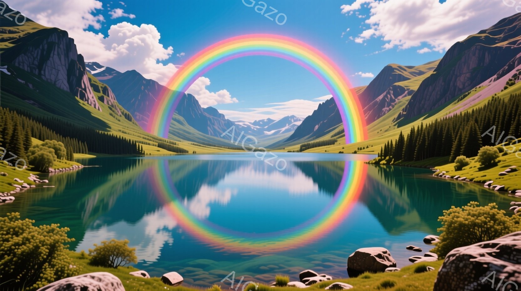 鮮やかな虹が、深い緑色の湖面と周囲の山々に架かっている美しい風景です。湖は周囲の緑豊かな木々や岩々を映し出し、穏やかで静謐な雰囲気を醸し出しています。空には白い雲が浮かび、自然の壮大さと平和が感じられる光景です。