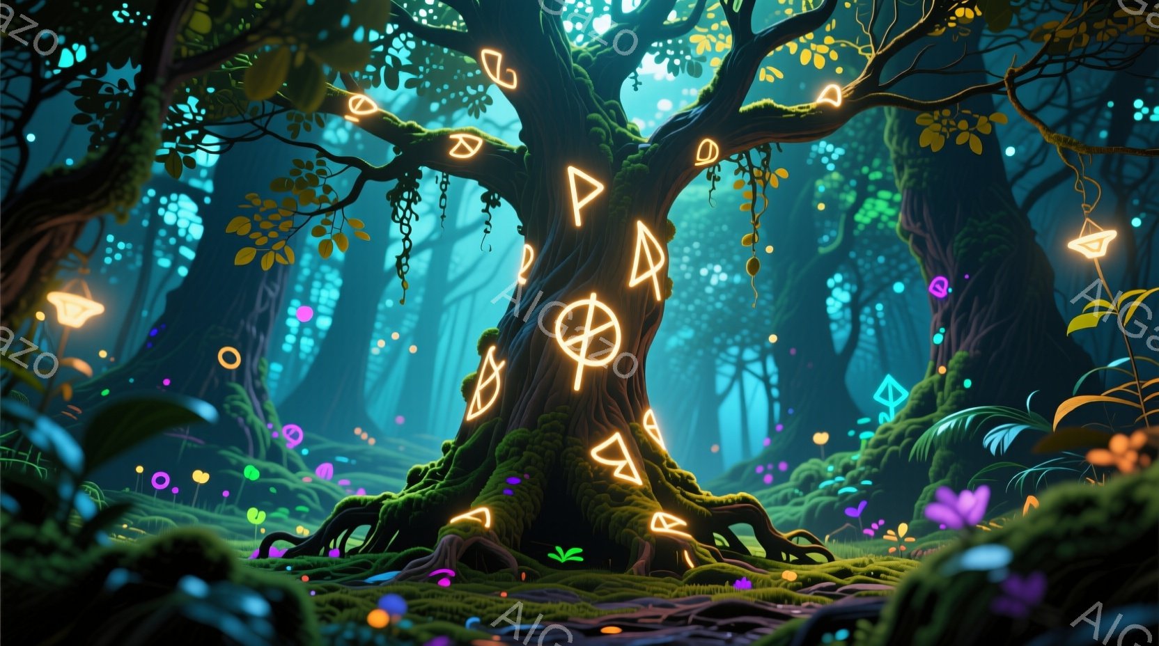 古代の森の奥深くで、苔むした巨大な木の根元から奇妙な光るシンボルが舞い上がっている様子が描かれている。周囲は緑豊かな植物と鮮やかな色のキノコで覆われ、夜間の幻想的な雰囲気を醸し出している。背景は深い緑 - AI生成フリー素材