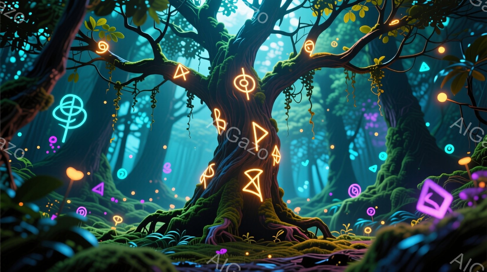 鬱蒼とした森の中、巨大な古木が画面中央にそびえ立っている。木の幹には様々な形の光るルーン文字が刻まれており、周囲には苔や植物が生い茂り、幻想的な光が舞っている。 全体的に神秘的で、魔法に満ちた雰囲気を感じさせる。