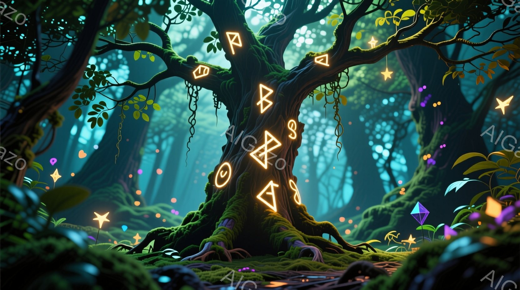 鬱蒼とした森の中、根がむき出しになった巨大な木が中央に位置し、その幹には光る古代文字のような記号が刻まれている。周囲には鮮やかな色のキノコや植物が生い茂り、小さな星のような光が舞い、幻想的な雰囲気を醸 - AI生成フリー素材