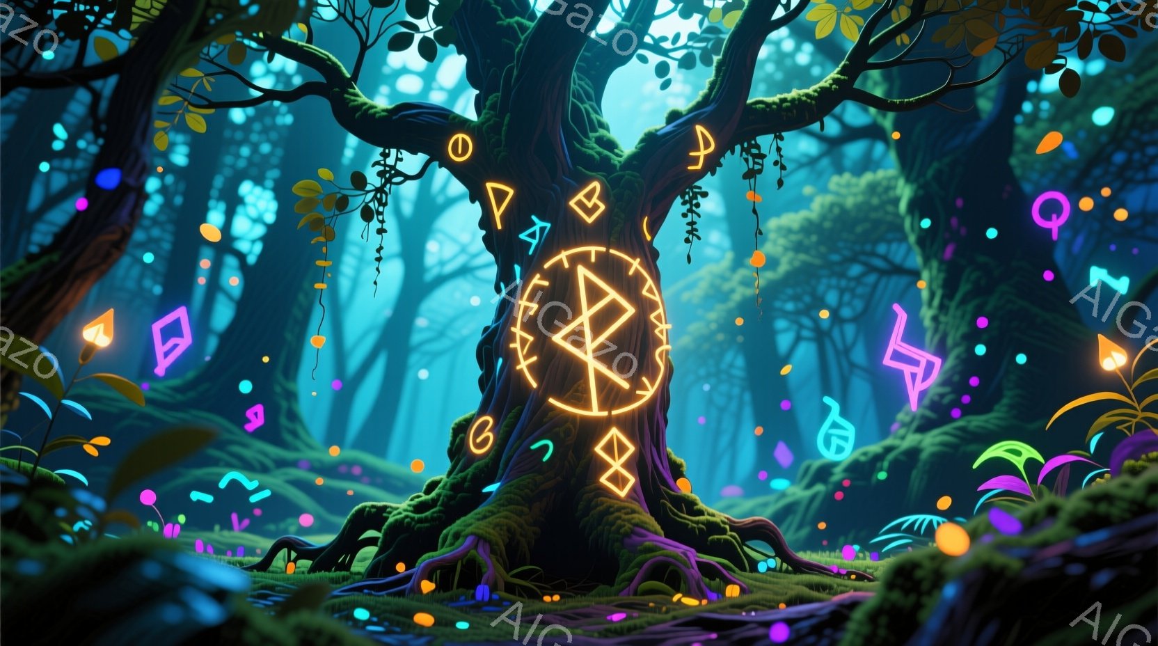 太い幹を持つ古木が、緑豊かな森林の中にそびえ立っており、その樹皮には様々な神秘的な記号がオレンジ色に光って刻まれています。森林の地面は苔むしており、様々な色の光る粒子が漂い、幻想的で神秘的な雰囲気を醸し出しています。背景には、薄暗い緑の葉が茂った木々が密集し、薄暗い光が差し込み、まるで魔法にかかったような森の風景が広がっています。
