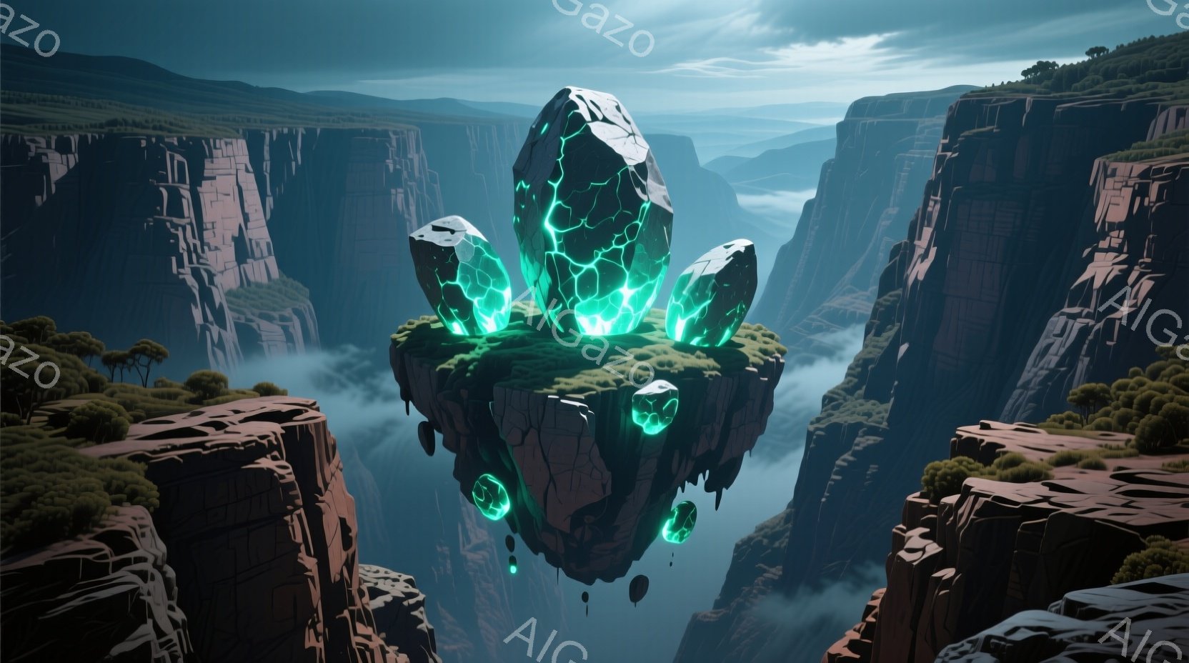 巨大な崖に囲まれた渓谷の中に、浮遊する島が描かれている。その島の中央には、緑色に光る割れた結晶の柱が数本立っており、周囲には小さな光る球体が漂っている。背景には深い緑の森林と霞んだ山々が広がり、神秘的 - AI生成フリー素材