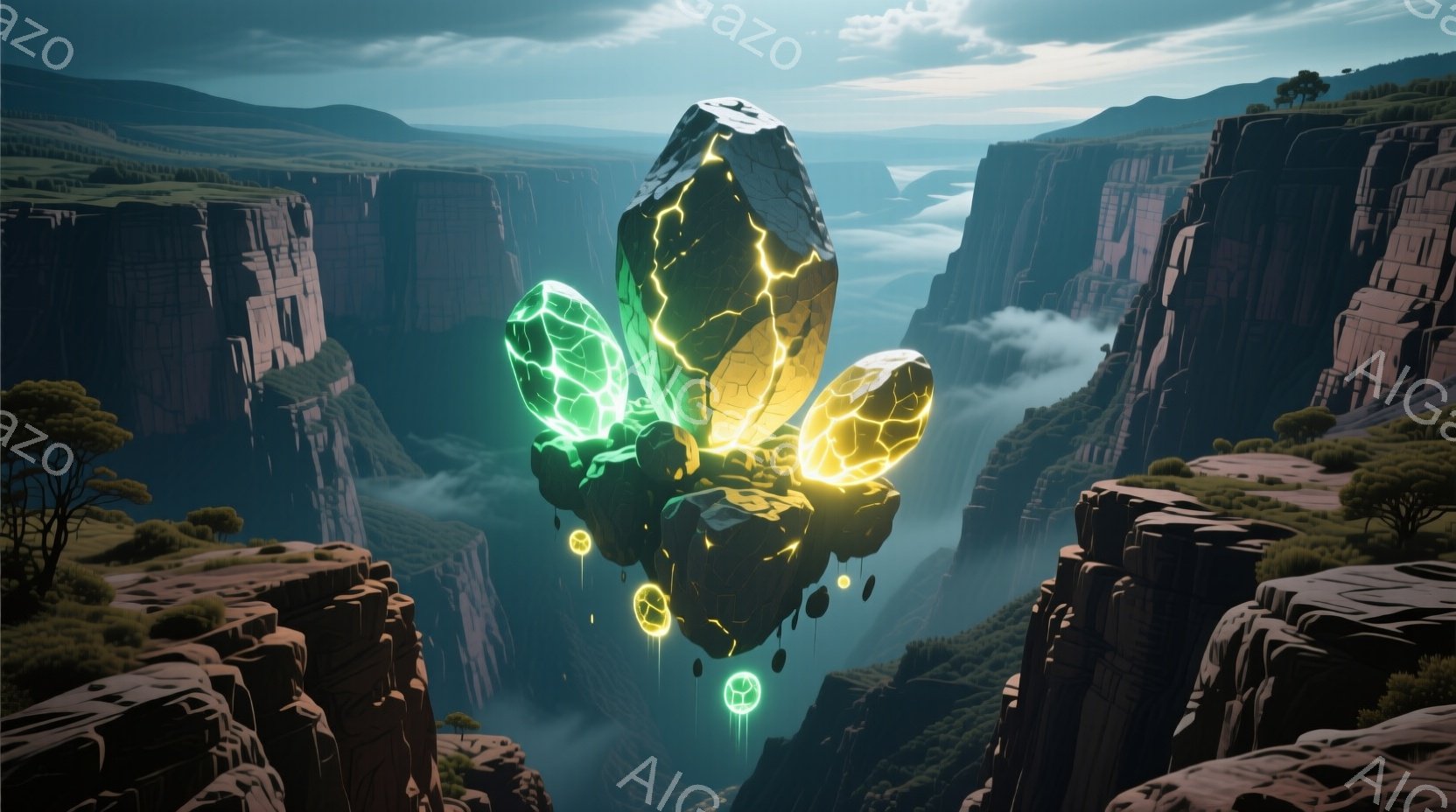 巨大な渓谷の中に、緑と黄色の光を放つ浮遊する岩がいくつか存在している。岩は割れたような形状をしており、内部からエネルギーが放出されているように見える。背景には深い渓谷と緑豊かな自然が広がり、霧が立ち込める神秘的な雰囲気を醸し出している。