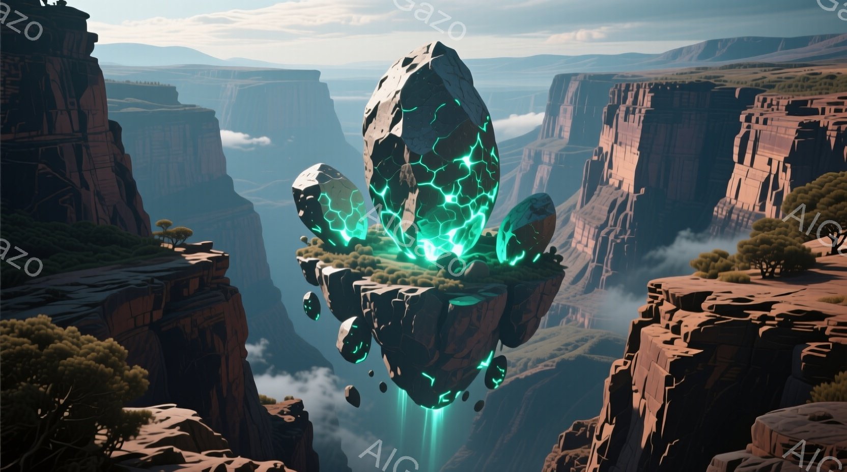 巨大な渓谷の中に浮かぶ島が印象的な光景だ。島の中央には緑色の光を放つ結晶状の岩がそびえ立ち、周囲には緑豊かな植生が生い茂っている。背景の渓谷は赤茶色で、その深さは壮大で、神秘的な雰囲気を醸し出している。
