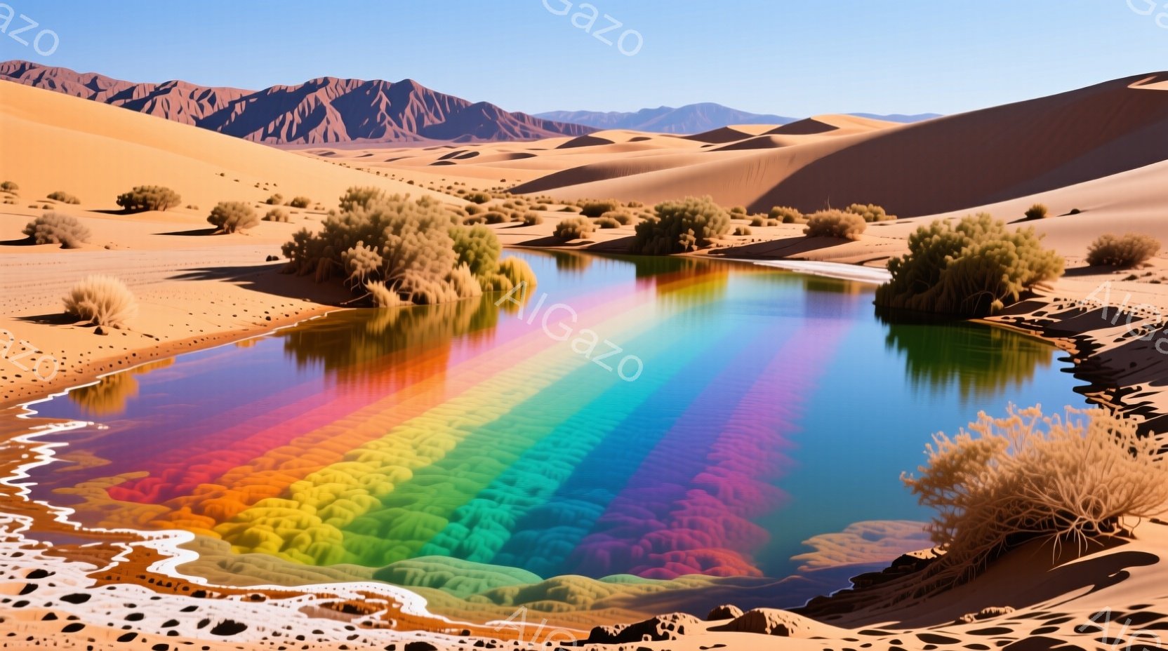 広大な砂漠の中に、鮮やかな虹色の水流が流れる風景が描かれています。水はまるで万華鏡のように赤、橙、黄、緑、青、紫と色彩を変化させ、周囲の茶色の砂丘や植物とのコントラストが印象的です。背景には遠くの山々がぼんやりと見え、晴れた空の下、幻想的で平和な雰囲気が漂っています。