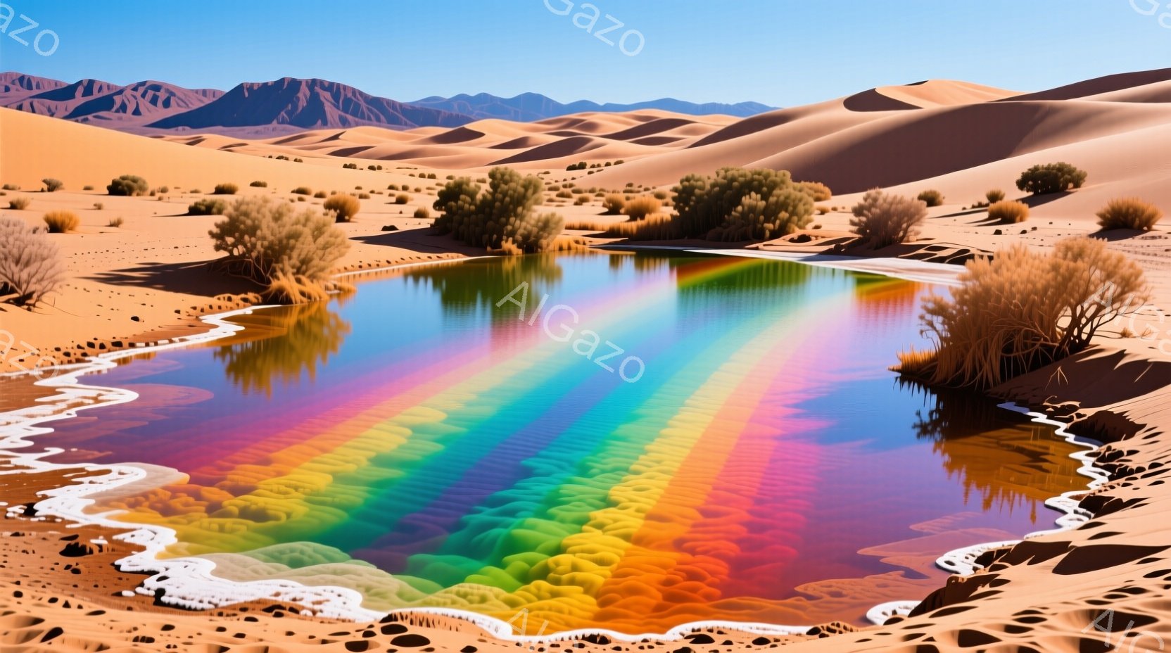 広大な砂漠の中に、虹色に輝く水が流れる様子が描かれています。周囲にはまばらに乾燥した灌木が点在し、遠くにはかすかに山々が見えます。水面は泡立ち、鮮やかな色彩が幻想的な雰囲気を醸し出しています。