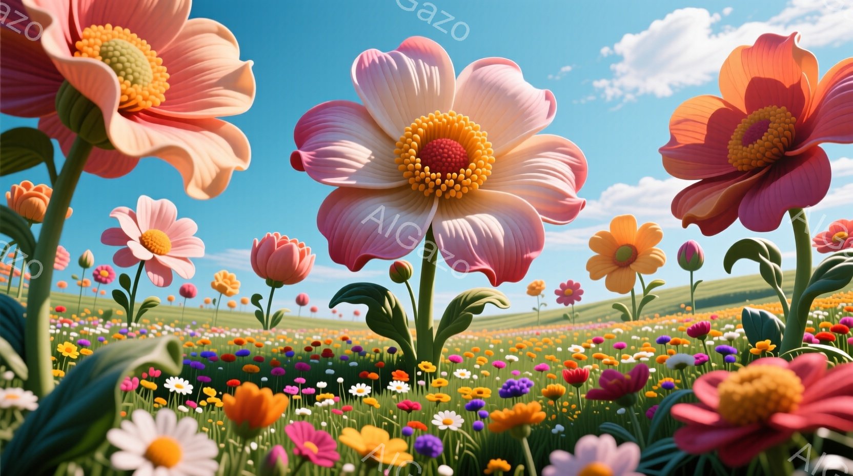 広大な花畑が広がり、ピンク、オレンジ、紫、白など、様々な色の花々が咲き乱れている。花々は巨大で、まるで漫画のような表現が施されており、明るい青空と緑の丘が背景に広がっている。全体的に、活気に満ちた、夢 - AI生成フリー素材