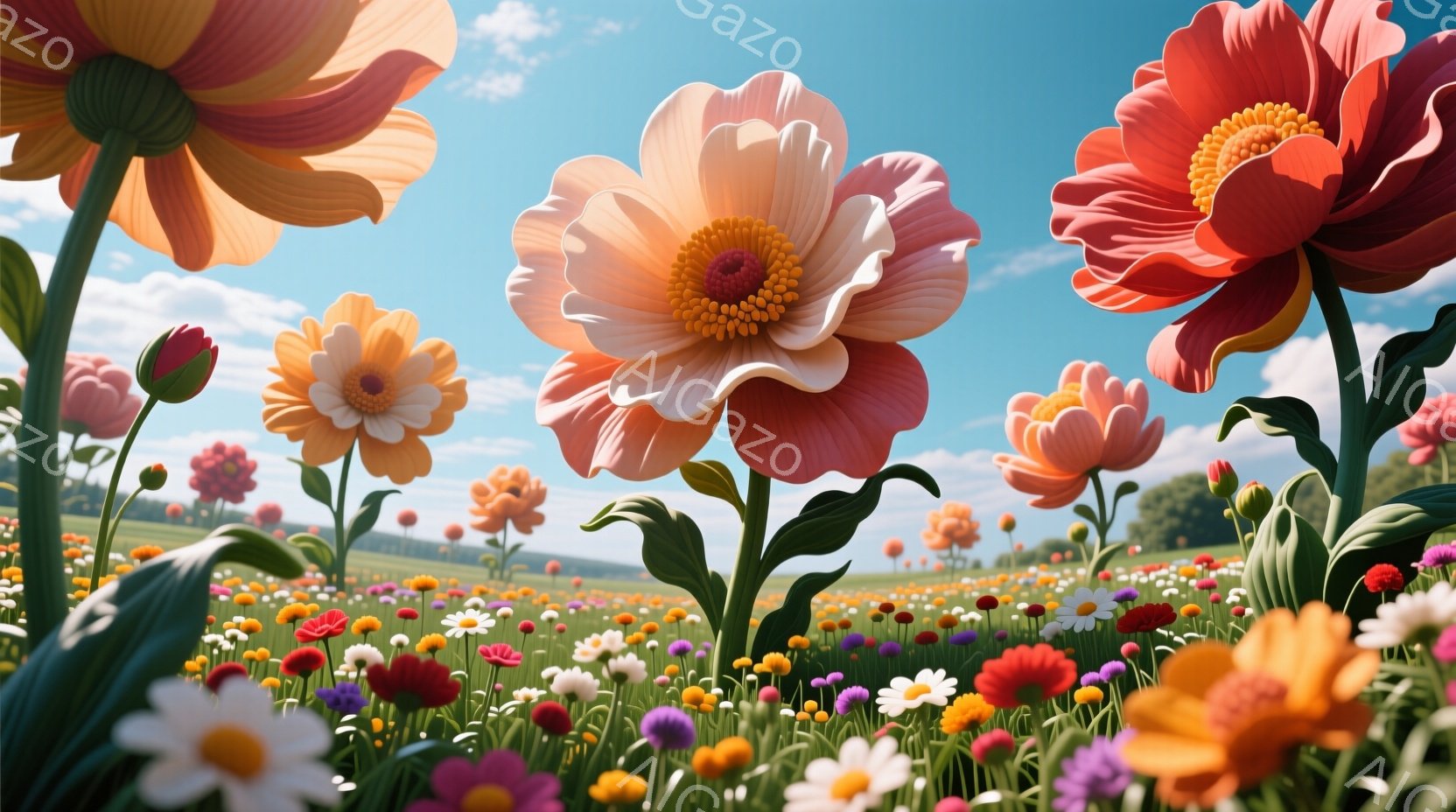 広大な花畑が広がり、様々な色の花々が咲き乱れている。大きなピンク、オレンジ、赤色の花が前景にあり、背景には緑の丘と青空が広がっている。全体的に明るく、暖かい雰囲気で、春や夏の晴れた日を思わせる。 - AI生成フリー素材