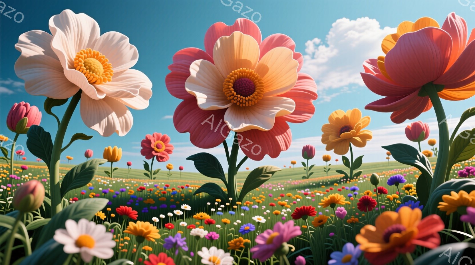 広大な草原に、色とりどりの大きな花々が咲き乱れている様子が描かれています。ピンク、オレンジ、白、紫など、鮮やかな色彩の花が手前に大きく配置され、背景にはさらに多くの小さな花々が広がっています。空は明る - AI生成フリー素材