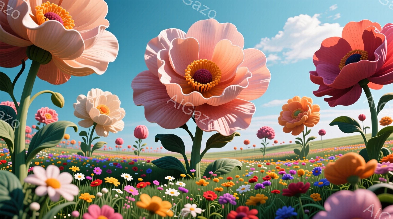 広大な花畑が広がり、巨大な牡丹のような花々が視界を埋め尽くしている。鮮やかなピンク、オレンジ、白、紫色の花々が咲き乱れ、まるで夢のような風景を作り出している。背景には緑の丘と青空が広がり、穏やかで幻想的な雰囲気を醸し出している。