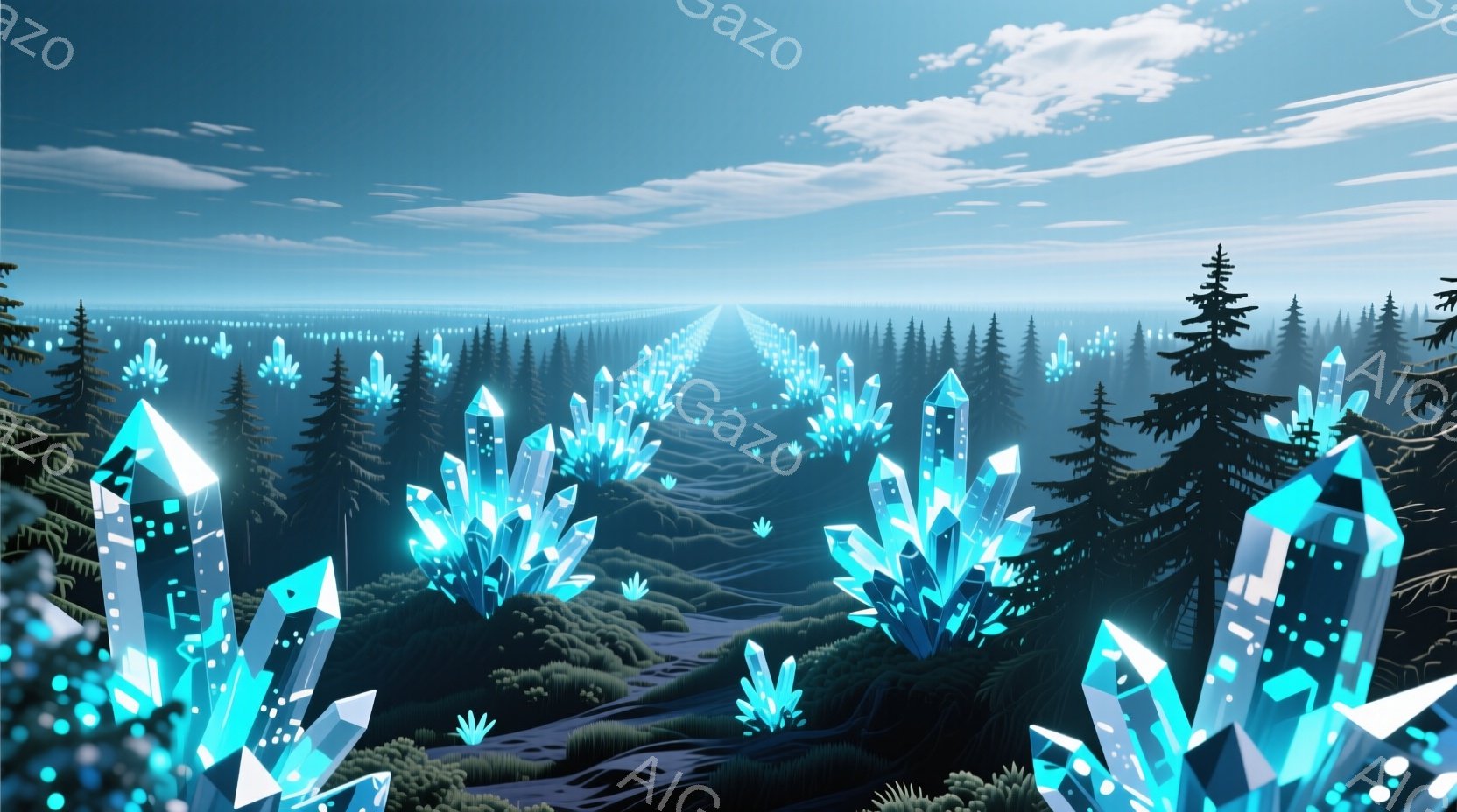 深い緑の針葉樹林の中に、青白い光を放つ巨大な結晶が規則的に並んでいます。遠くには霞んだ山々が連なり、夜明け前の静寂と神秘的な雰囲気を醸し出しています。全体的に冷たく幻想的な色彩で、まるで別世界の風景のようです。