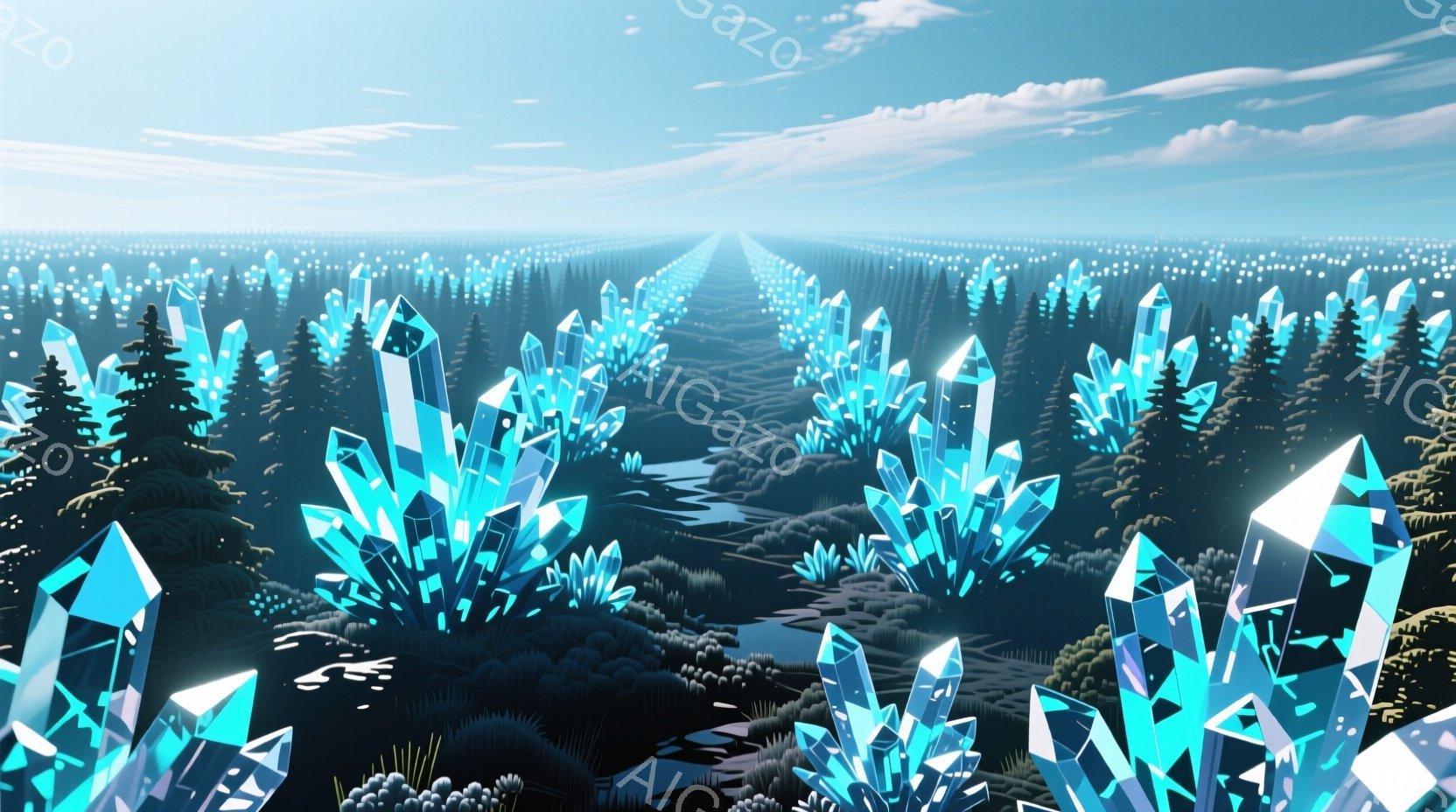 鮮やかな青色の結晶が密集した風景が広がり、遠くまで続く草原のような場所に点在している。背の高い結晶は鋭い形状をしており、周囲には緑色の苔のような植物が生えている。空は晴れ、わずかに雲があり、全体的に幻 - AI生成フリー素材