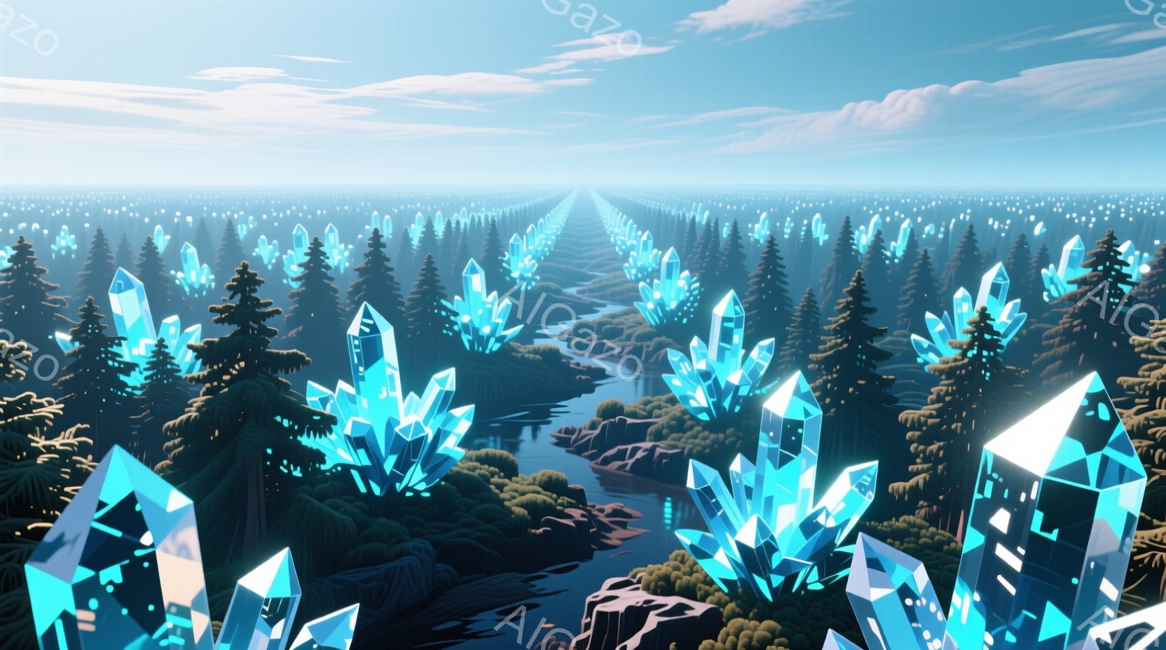 針葉樹林が広がる風景の中に、青く輝く巨大な結晶が点在している。小川が結晶の間を縫うように流れ、遠くには霧のかかった山々が見える、神秘的で幻想的な雰囲気の場所だ。結晶はまるで生命体のように林の中にそびえ立ち、独特の光景を作り出している。
