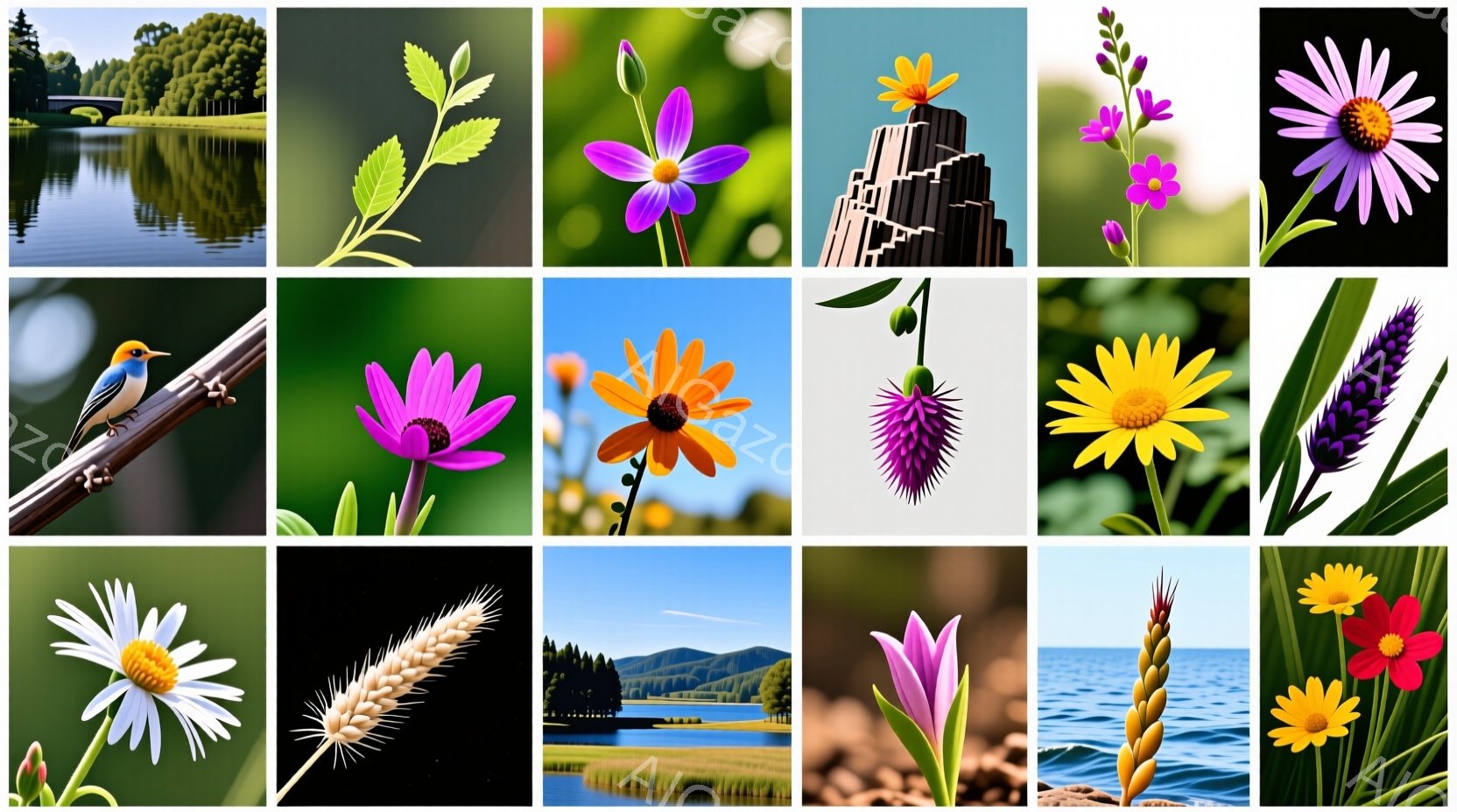 画像は様々な植物や自然の風景のコラージュです。緑豊かな森林に囲まれた湖、鮮やかな色の花々、そして美しい海の風景が並んでいます。全体的に、生命力と自然の美しさを表現した穏やかで色彩豊かな印象を与えます。 - AI生成フリー素材