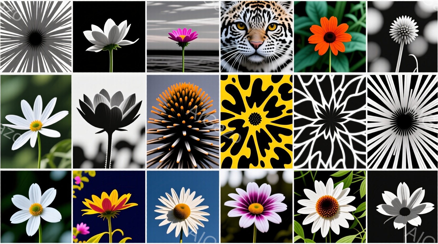 画像は様々な花や模様のコラージュです。白、紫、黄色、ピンクの花が、線や点、動物の顔（ジャガー）といった抽象的な模様と共に配置されています。全体的に鮮やかで、自然と抽象が融合した芸術的な雰囲気です。