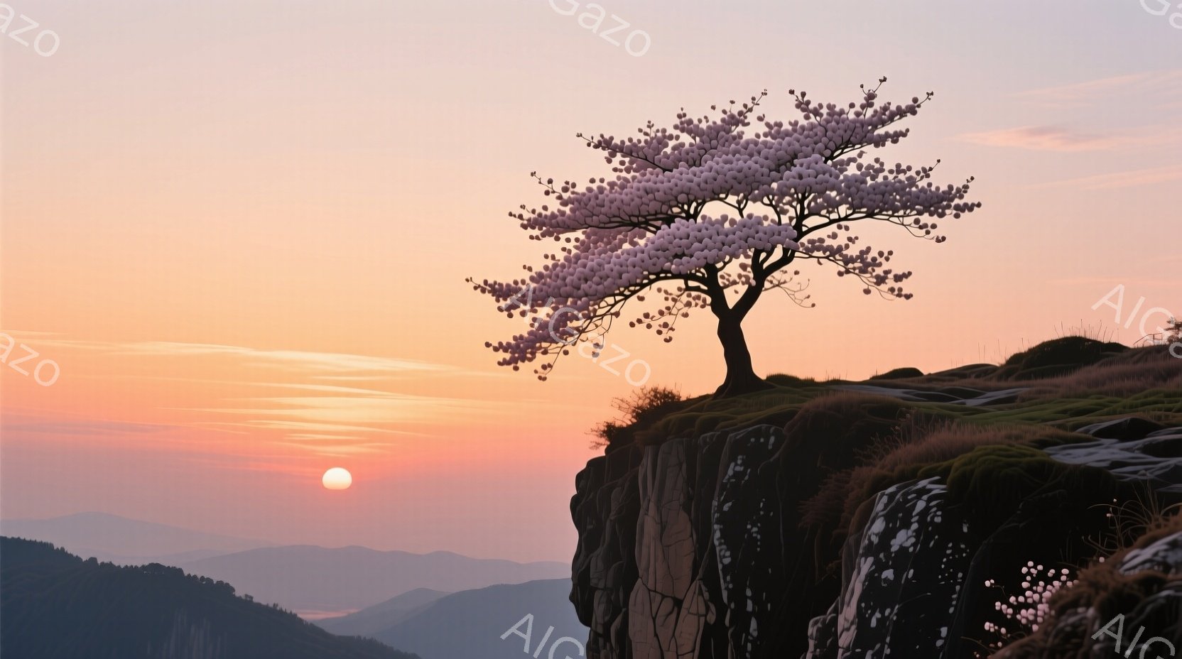 夕焼け空の下、崖の上に一本の木がシルエットで描かれている。木は花のようなものが咲き乱れ、崖の緑と空のオレンジ色が対照的な美しい風景を作り出している。遠くには山々が連なり、穏やかで幻想的な雰囲気が漂って - AI生成フリー素材