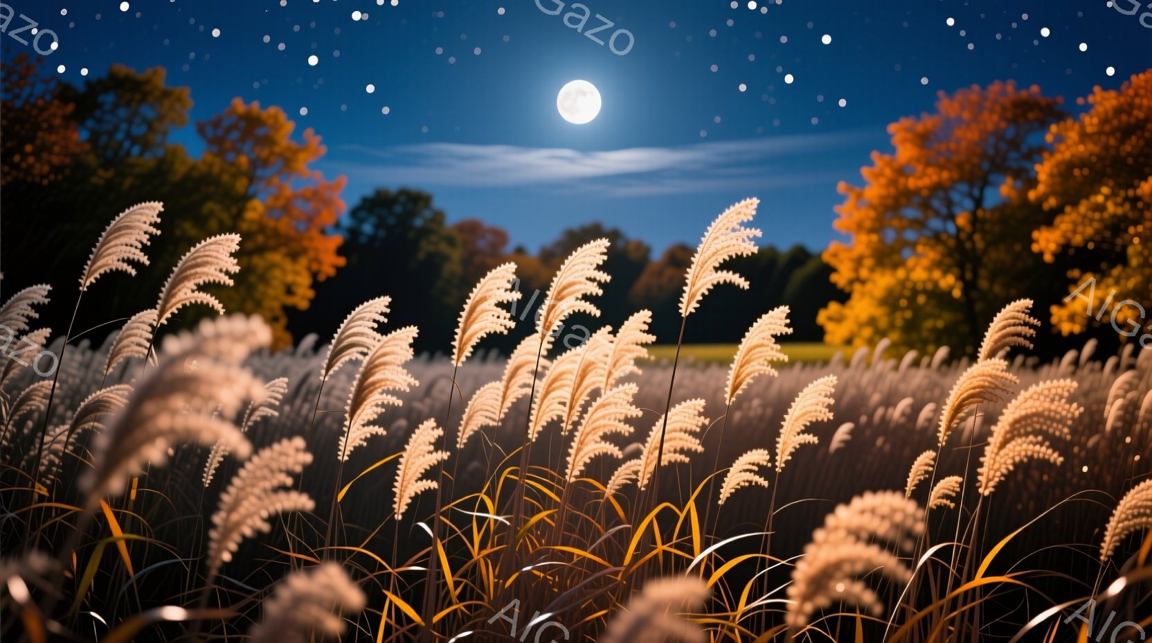 広大なススキの草原が、満月と星空の下に広がっている。ススキは黄金色に輝き、風にそよぎ、秋の夜の静けさを表現している。背景には木々のシルエットが確認でき、暗い空とのコントラストが美しい。