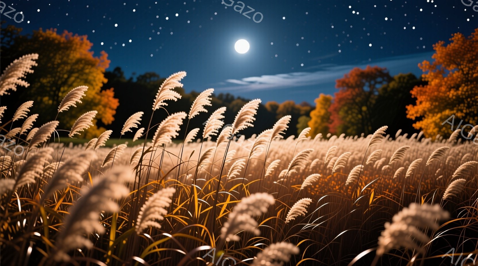 黄金色のススキが広がる草原が、満月と星空の下に広がっている。背景には、秋色に染まった木々が連なり、静かで幻想的な雰囲気を醸し出している。ススキの穂は月の光を浴びて輝き、夜の静寂と自然の美しさを表現している。