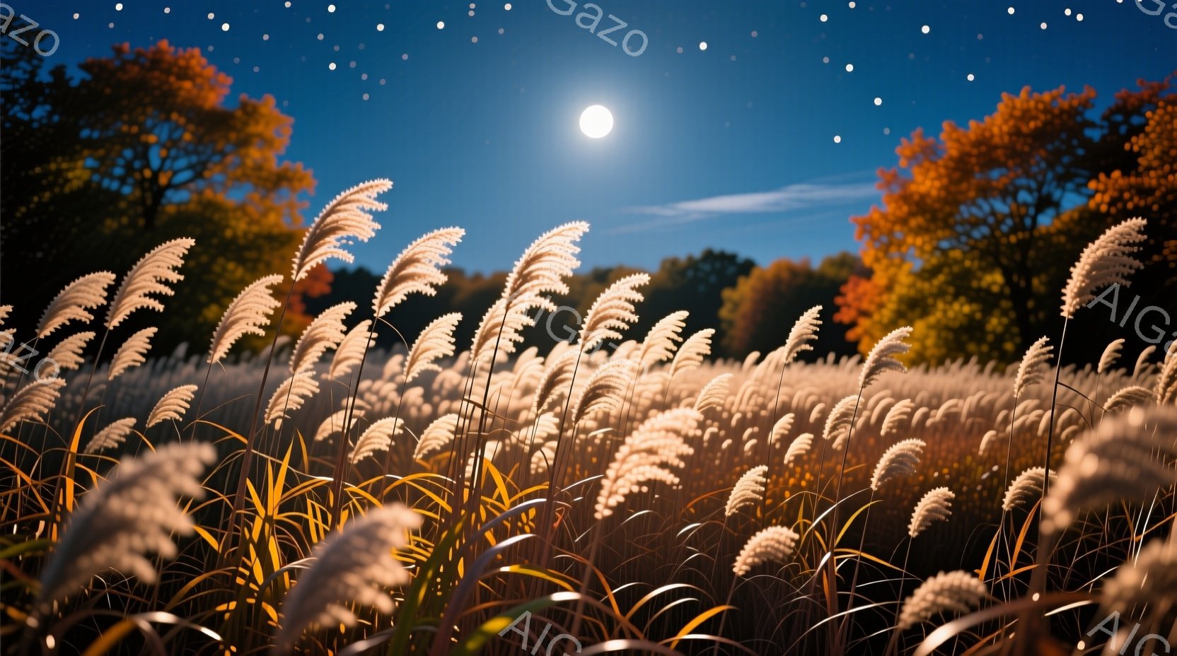 広大なススキの草原が月明かりの下に広がり、黄金色に輝いている。背景には赤やオレンジ色に染まった木々が立ち並び、夜空には無数の星が輝いている。全体的に静かで幻想的な雰囲気が漂い、自然の美しさが際立っている。