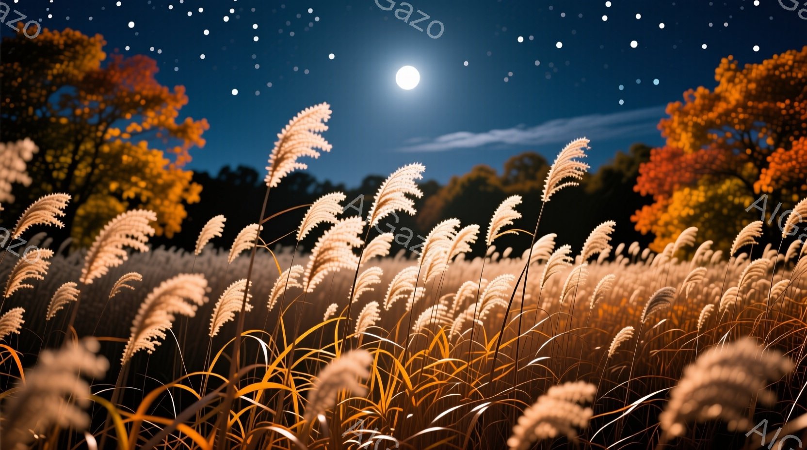 夜空には満月が輝き、すすき野が黄金色に照らされている。背景には濃い緑の木々が立ち並び、秋の夜の静けさと美しさを表現している。全体的に幻想的で、どこかノスタルジックな雰囲気が漂っている。