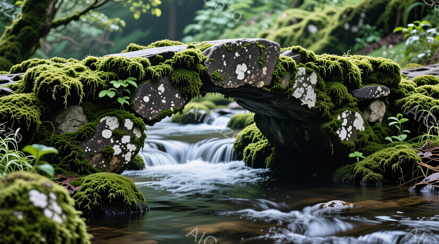 緑豊かなコケに覆われた石造りの橋が、澄んだ流れの小川の上を優雅に架かっています。周囲は深い緑の木々に囲まれ、湿度の高い静かな森の奥深くにあるような雰囲気が漂っています。水の流れとコケの鮮やかな緑色が、 - AI生成フリー素材