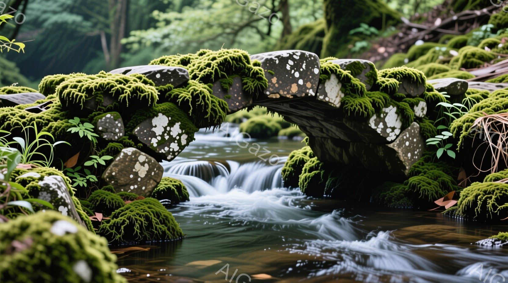 緑豊かな苔に覆われた石造りの橋が、清らかな水の流れを優雅に渡っている。背景には鬱蒼とした緑が広がり、静かで穏やかな自然の雰囲気を醸し出している。水の流れと苔の緑が織りなすコントラストが、幻想的な光景を作り出している。