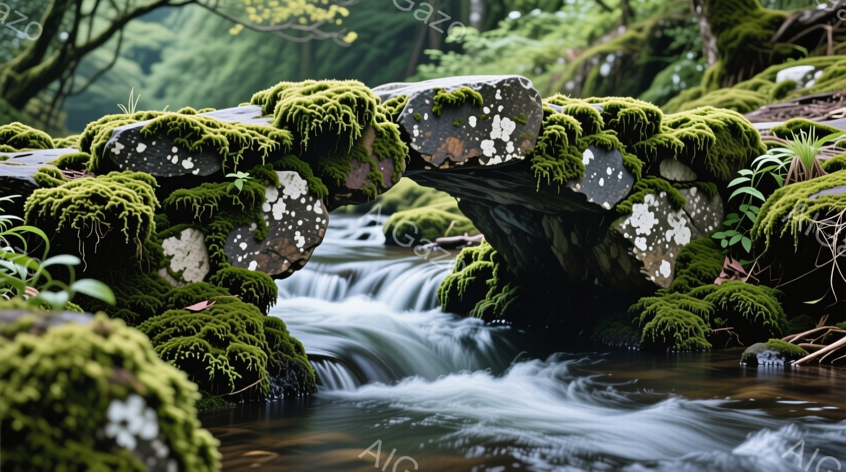 緑豊かなコケに覆われた石造りのアーチ橋が、清らかな水の流れをくぐっている様子が捉えられています。橋の周りには緑が生い茂り、水の流れが橋の構造を際立たせています。全体的に静かで穏やかな雰囲気で、自然の美 - AI生成フリー素材
