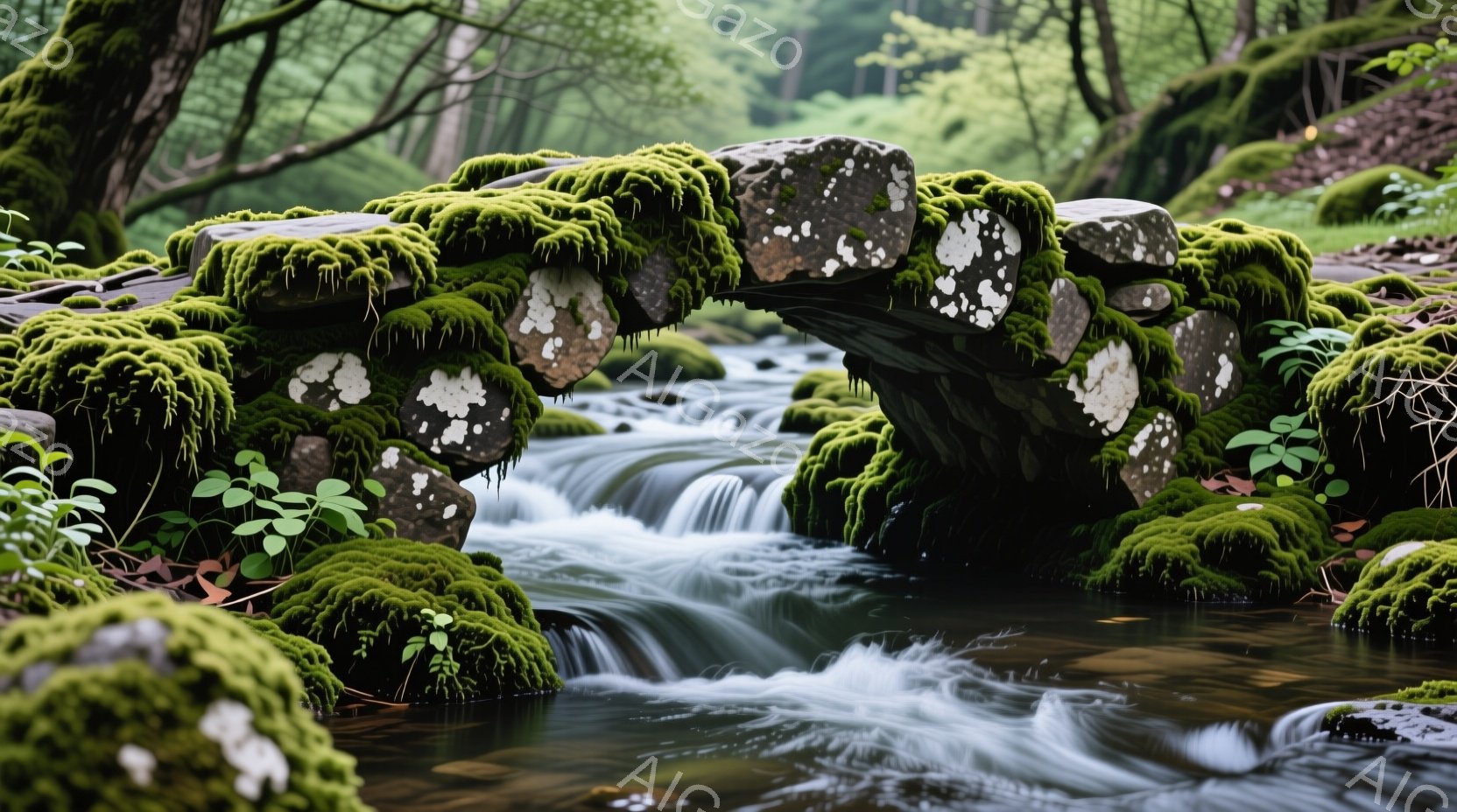 緑豊かな苔に覆われた古い石橋が、清らかな流れの小川の上を優雅に架かっている。周囲は深い緑の木々に囲まれ、水面は光の反射で輝き、静かで穏やかな雰囲気を醸し出している。苔の緑と水の流れが織りなすコントラストが、自然の美しさを際立たせている。