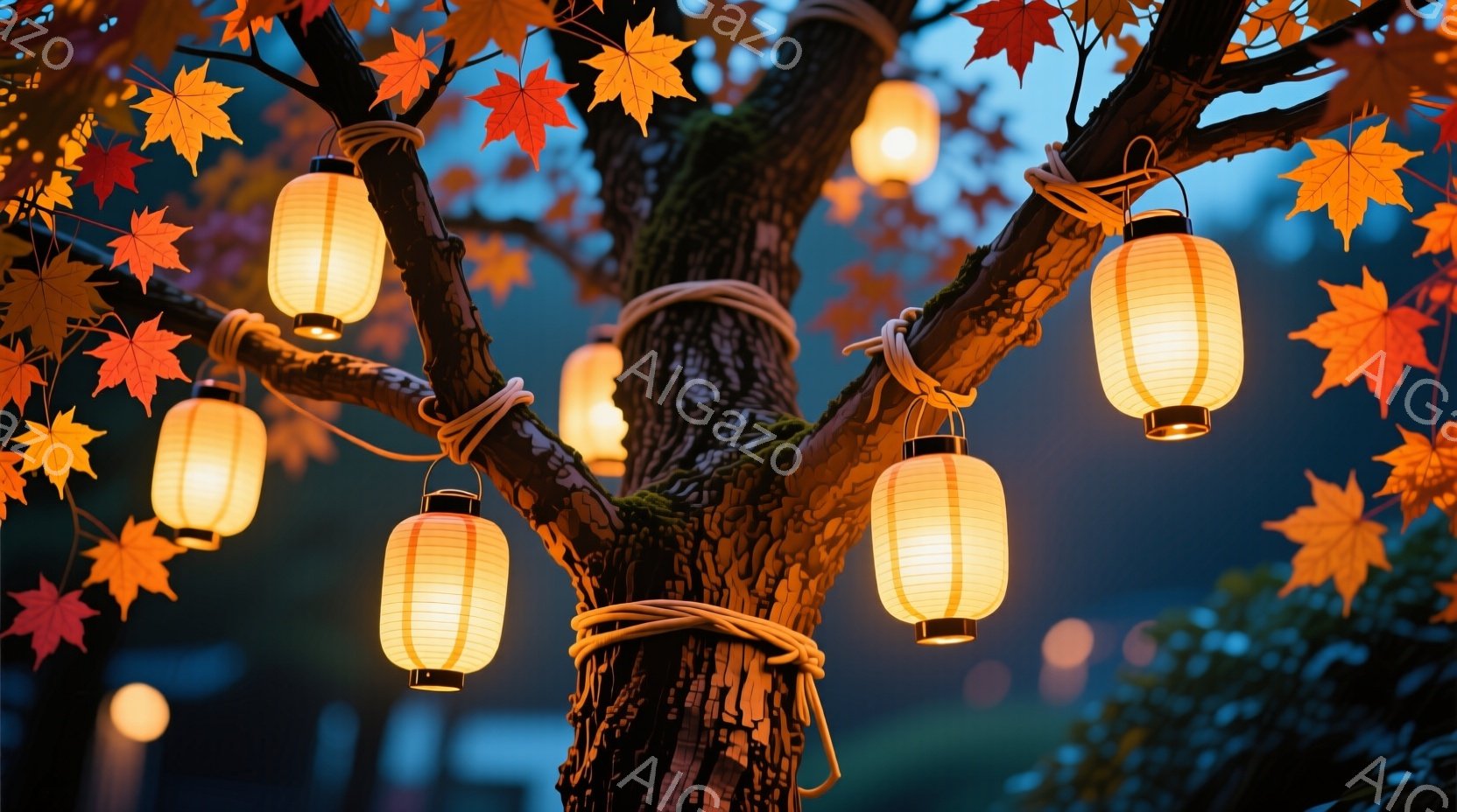 燃え盛る紅葉と提灯が、古木の幹に巻き付いて幻想的な光景を作り出しています。 提灯は温かい光を放ち、背景の深い青色と鮮やかな紅葉とのコントラストが美しいです。 全体的に、秋の夜の静寂と暖かさを感じさせる - AI生成フリー素材