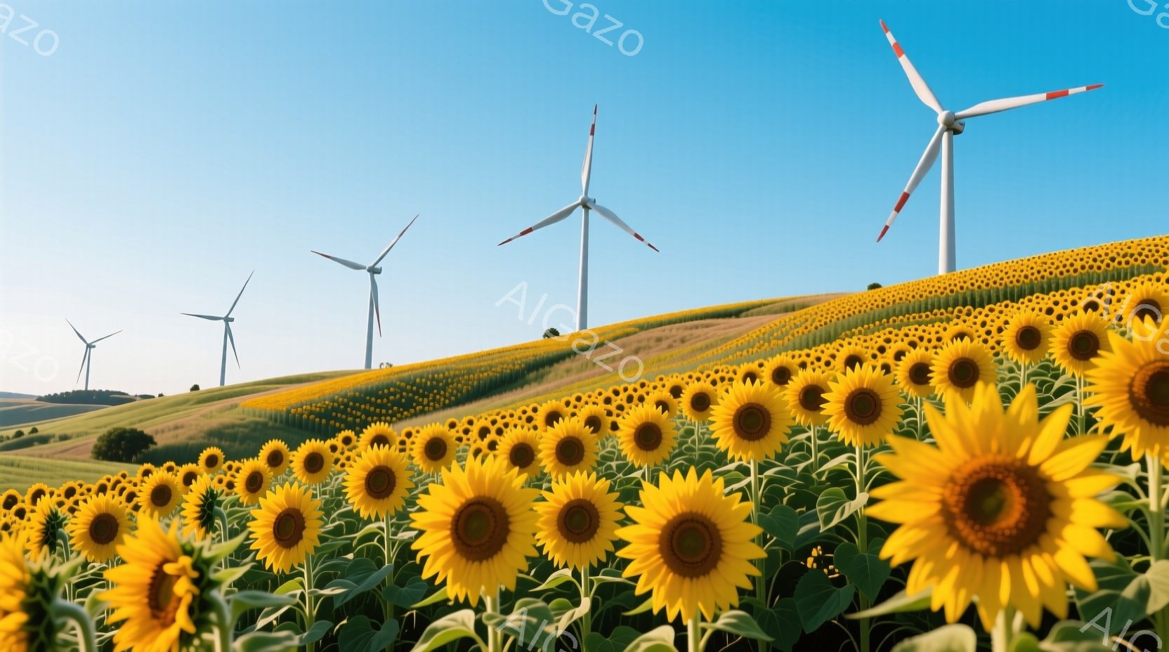 広大なひまわり畑が、なだらかな丘陵を覆い尽くしています。背景には青い空の下、風力発電機が数基並んでおり、自然エネルギーの風景を描いています。鮮やかな黄色と緑、そして青空が調和し、穏やかで明るい雰囲気を醸し出しています。