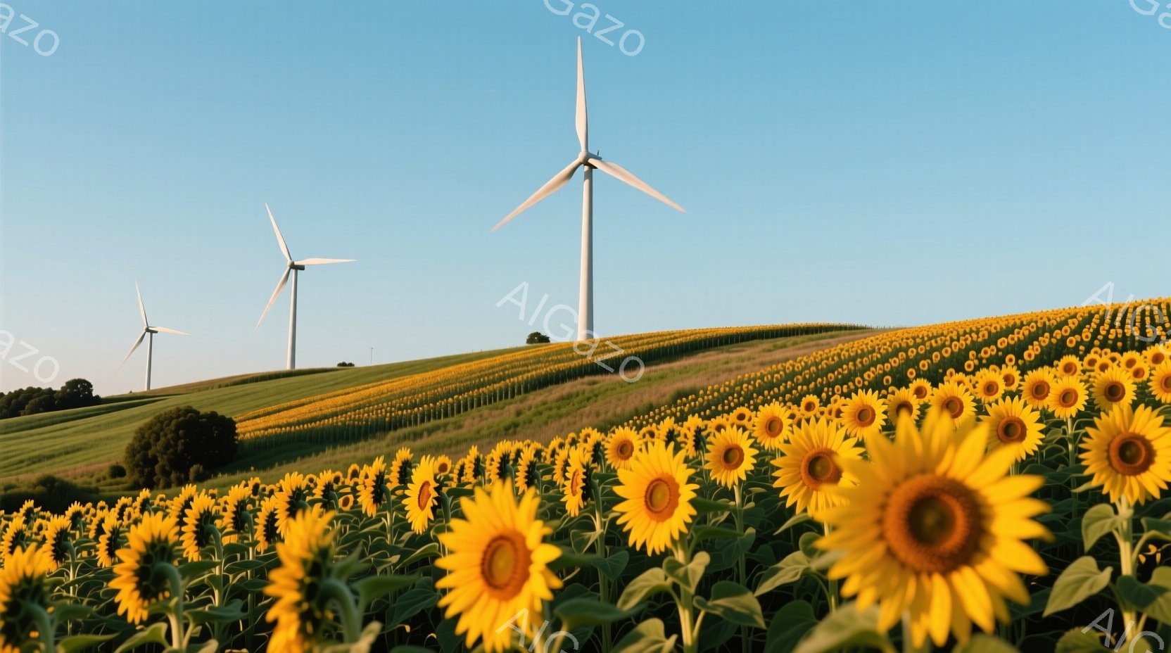 広大なひまわり畑が、なだらかな丘一面に咲き誇り、鮮やかな黄色が目に飛び込んできます。遠くの丘の上には風力発電機が数基立ち並び、青空と緑の丘、そしてひまわり畑のコントラストが美しい風景を作り出しています - AI生成フリー素材