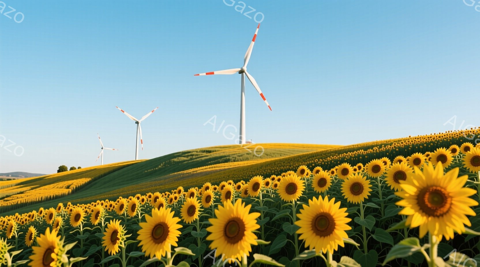 広大なひまわり畑が丘一面に咲き誇り、その背後には風力発電機が数基そびえ立っている。空は晴れ渡り、穏やかな日差しが畑を照らし、平和で明るい雰囲気を醸し出している。背景には緑の丘が広がり、自然豊かな風景が - AI生成フリー素材