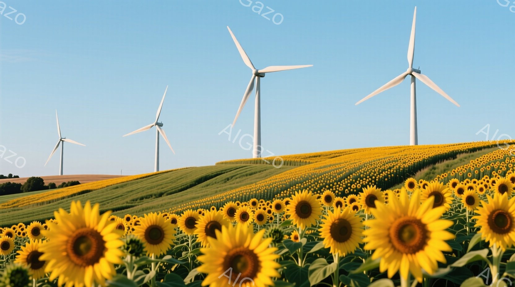 鮮やかな黄色いひまわり畑が広がり、丘陵地帯を覆っています。背景には、青空の下、風力発電の風車が数基立っており、自然と再生可能エネルギーが調和した風景を作り出しています。全体的に明るく、穏やかで、希望に満ちた雰囲気です。