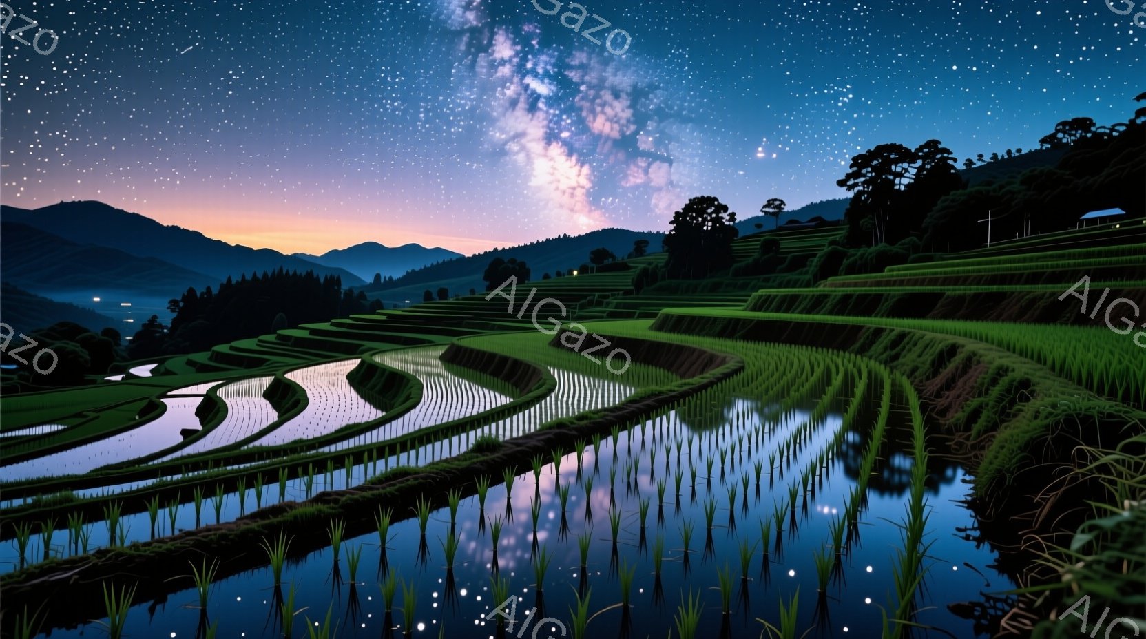 稲田が幾重にも重なる棚田が、夜空の下で静かに輝いている。水面に映る星空と、棚田の緑、そして遠くに見える山々のシルエットが織りなす幻想的な光景は、まるで夢の中にいるかのようだ。夜空には天の川が流れ、穏や - AI生成フリー素材