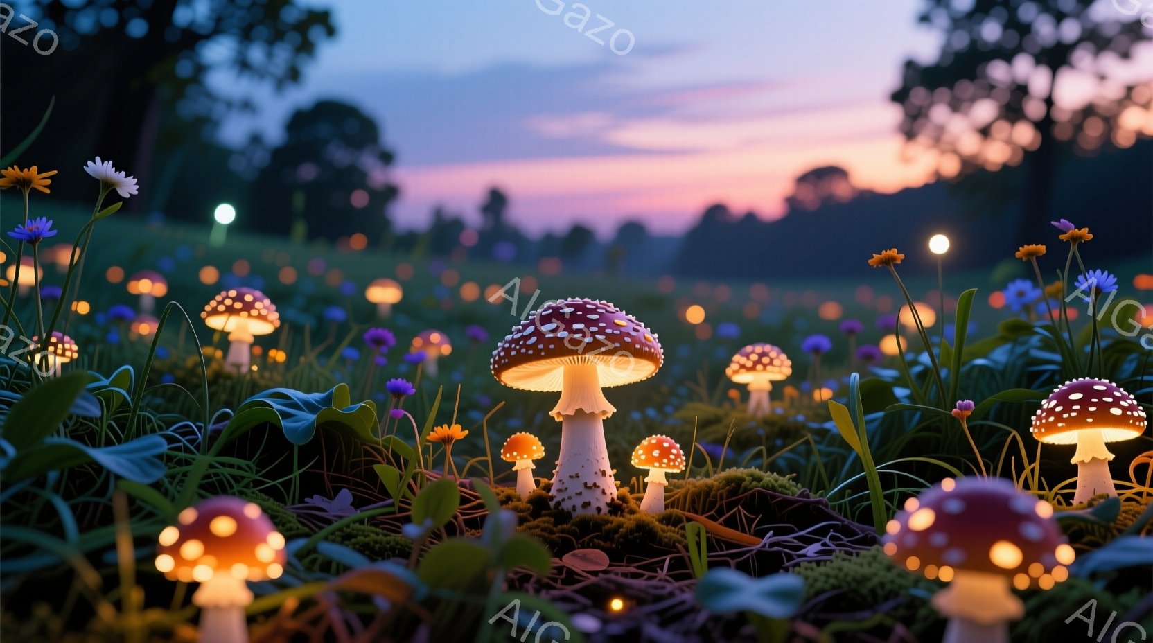 深い緑の草地に、様々な種類のキノコが点在し、まるで幻想的な森を思わせる光景です。キノコは赤、白、オレンジなどの色合いで、それぞれが柔らかな光を放ち、周囲を照らしています。背景には木々が立ち並び、夕暮れ - AI生成フリー素材